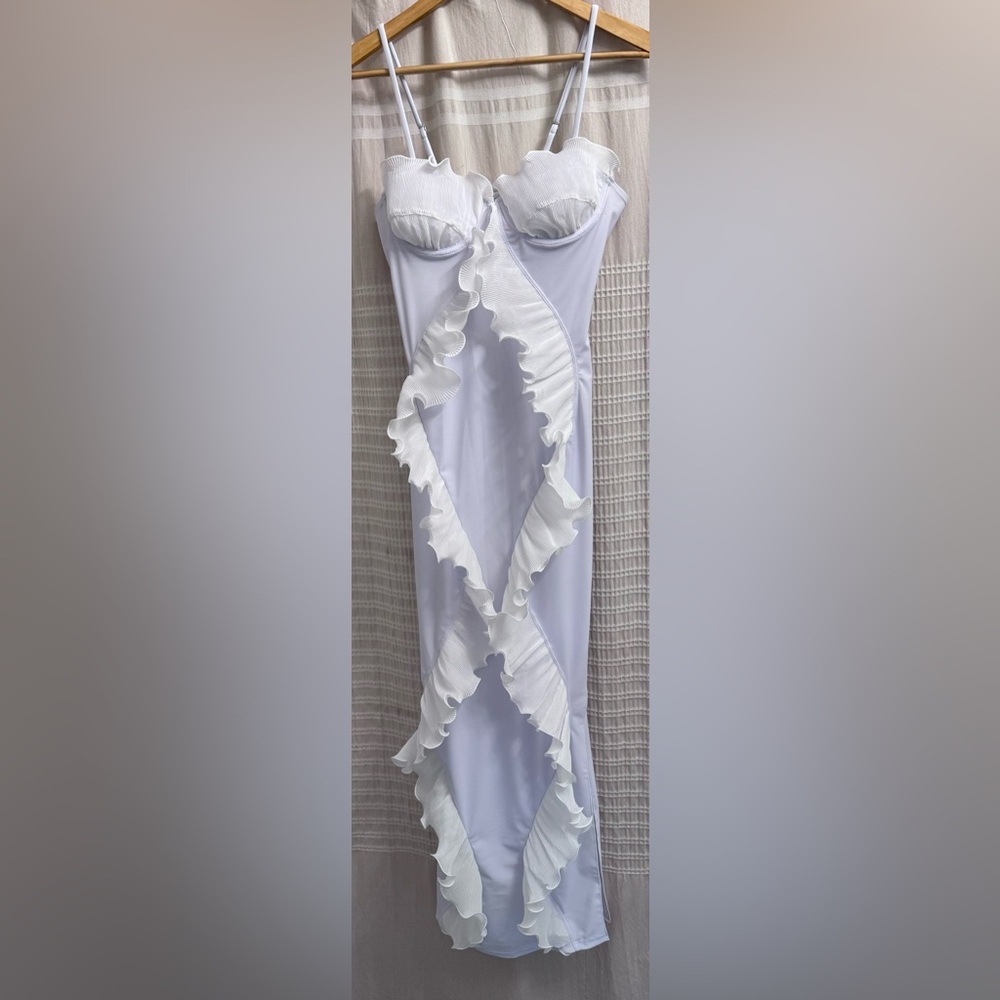 White stretch ruffle maxi gown, fully adjustable straps, underwire bra cups